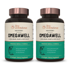 Live Conscious OmegaWell bottle closeup highlighting enteric-coated softgels for burpless digestion.