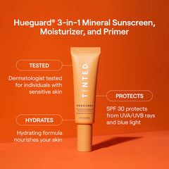 Hueguard SPF 30 label close-up highlights mineral sunscreen benefits.