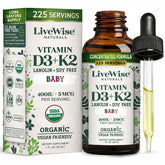 Live Wise Naturals baby drops bottle delivering 400 IU of vitamin D3 for infants.