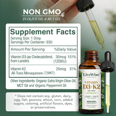 Live Wise Naturals D3K2 drops dropper enables precise micro-dosing.