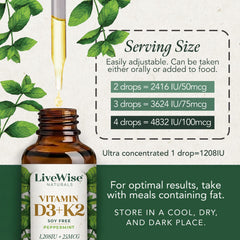 Live Wise Naturals D3K2 drops under-tongue use for fast absorption.
