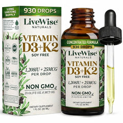 Live Wise Naturals Vitamin D3 K2 Drops bottle and dropper for easy daily dosing.