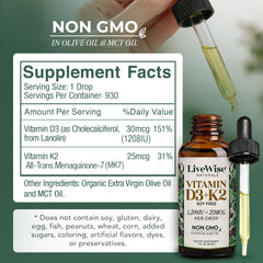 Close-up of Live Wise Naturals D3 K2 Drops dropper enabling precise micro-dosing.
