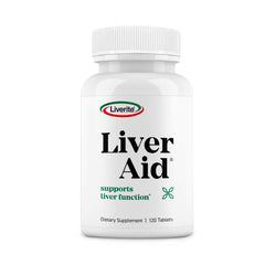 Liverite Liver Aid bottle front showcases clear labeling for daily liver support and wellness