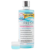 LIVFRESH mouthwash bottle being poured for a fresh breath boost.