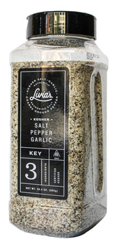 Livia’s Salt Pepper Garlic Seasoning bottle on the counter adds all-purpose flavor.