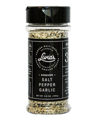 Livia’s Salt Pepper Garlic Seasoning front bottle for bold steak flavor and easy access