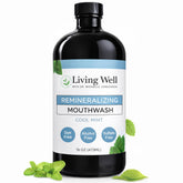 Living Well with Dr. Michelle Cool Mint Mouthwash bottle highlights hydroxyapatite remineralization.