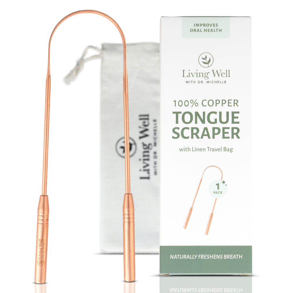 Living Well with Dr. Michelle copper tongue scraper front view for daily cleaning and fresh breath