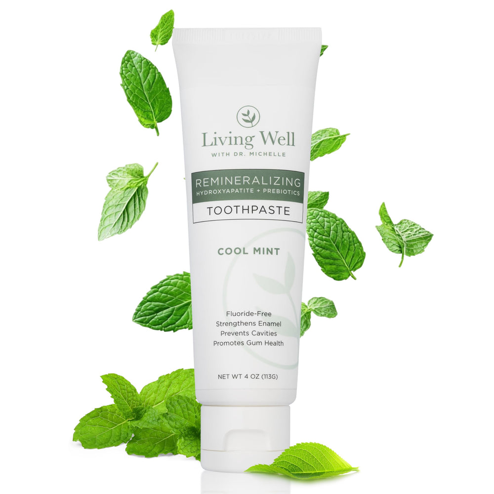 Living Well with Dr. Michelle hydroxyapatite toothpaste bottle on counter, enamel support potential