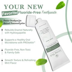 Living Well with Dr. Michelle hydroxyapatite toothpaste tube close-up, fluoride-free remineralization in action