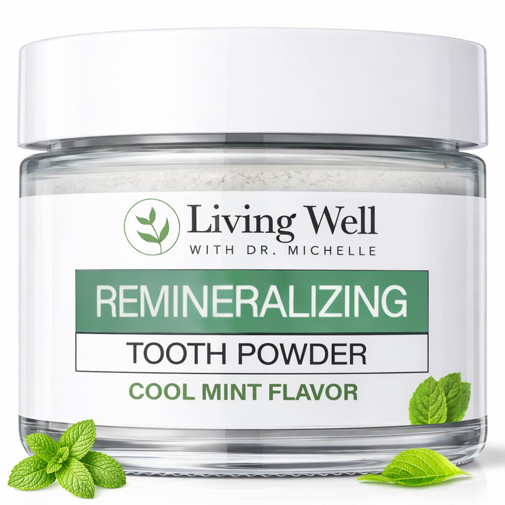 Living Well with Dr. Michelle Remineralizing Tooth Powder jar shows enamel-supporting formula and mint freshness.