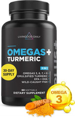 Livingood Daily bottle front view shows the balanced omega-3-6-9 plus turmeric formula