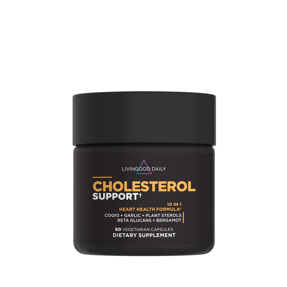 Livingood Daily Cholesterol Support bottle and capsules illustrating heart health support.