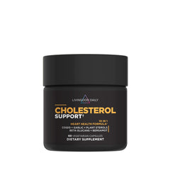 Livingood Daily Cholesterol Support bottle and capsules illustrating heart health support.