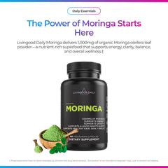 Livingood Daily Moringa capsules label close-up highlighting clean ingredients