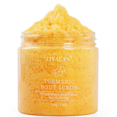 LIYALAN Turmeric Body Scrub bottle showing nourishing formula for smooth skin.