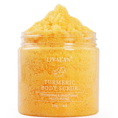 LIYALAN Turmeric Body Scrub bottle showing nourishing formula for smooth skin.