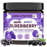 Llama Naturals Elderberry Gummies bottle front, showcasing vegan immune support with real fruit flavors.