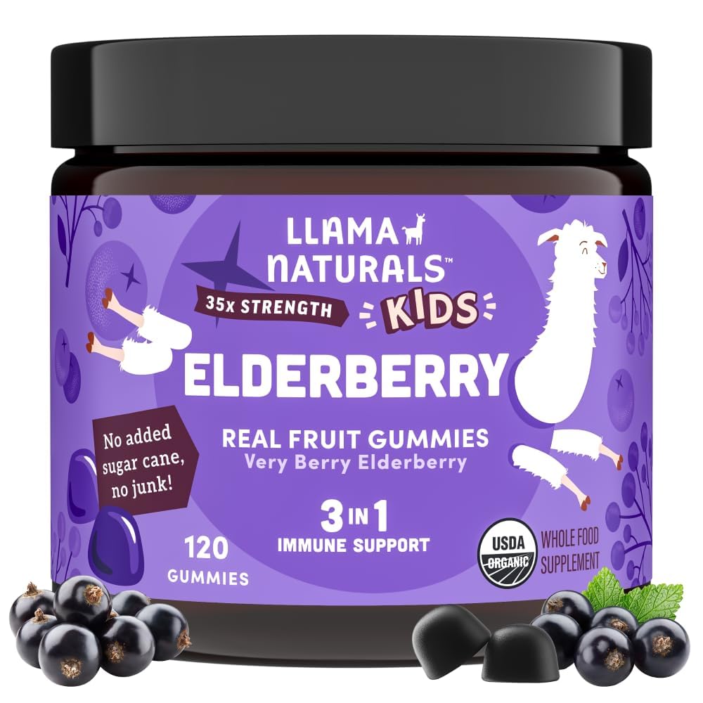 Llama Naturals elderberry gummies for kids in bottle front offer convenient, tasty immune support