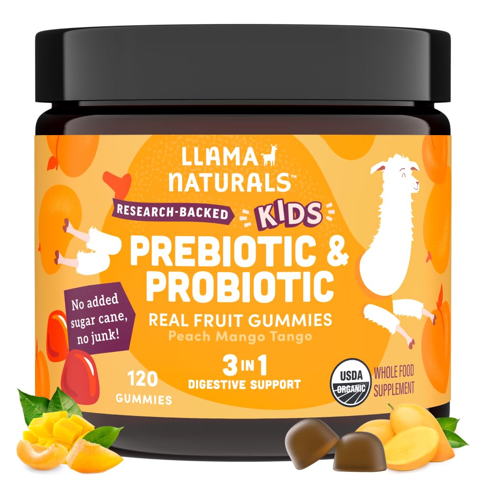 Llama Naturals Kids Probiotic Peach Mango bottle shows tasty gummies supporting gut balance