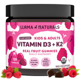 Llama Naturals Vitamin D3 K2 gummies bottle front showing daily bone support and mood health.
