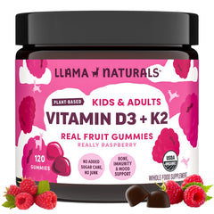 Llama Naturals Vitamin D3 K2 gummies bottle front showing daily bone support and mood health.