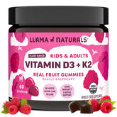 Llama Naturals Vitamin D3 raspberry bottle showing vegan real fruit gummies for daily immune support