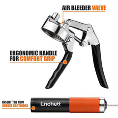 Lnchett grease gun reinforced steel barrel provides durable performance.