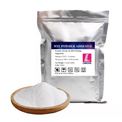 LNKCOS DTF powder closeup shows vibrant adhesion on diverse fabrics.