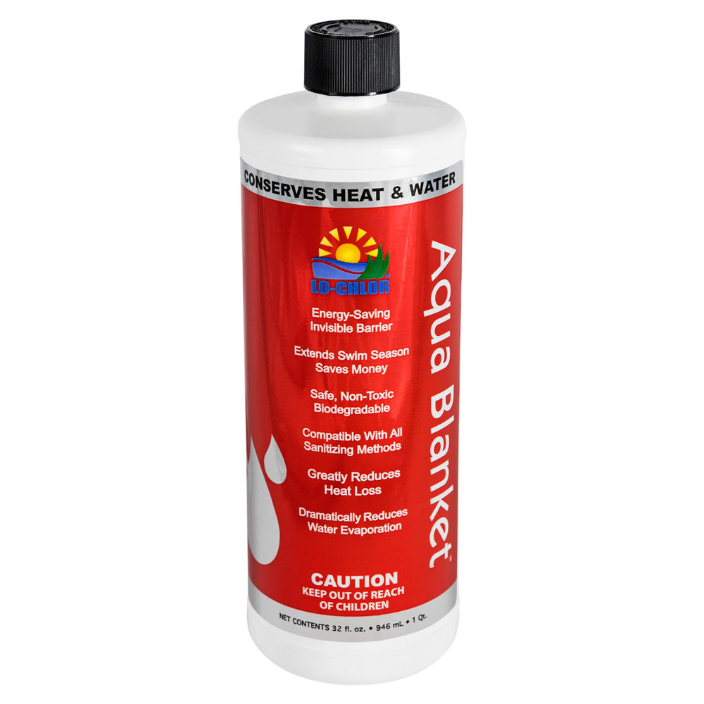 Lo-Chlor Aqua Blanket bottle pour demonstrates easy weekly dosing for evaporation control