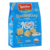 Loacker Quadratini vanilla wafer cookies packshot; ideal grab-and-go snack.