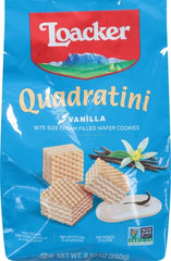 Loacker Quadratini vanilla wafers close-up shows creamy vanilla filling and crisp layers.