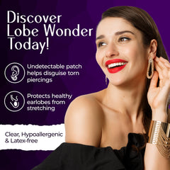 Lobe Wonder clear patches placed on the ear demonstrate invisible backing