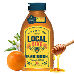 Local Hive Orange Blossom Honey bottle pouring to sweeten tea