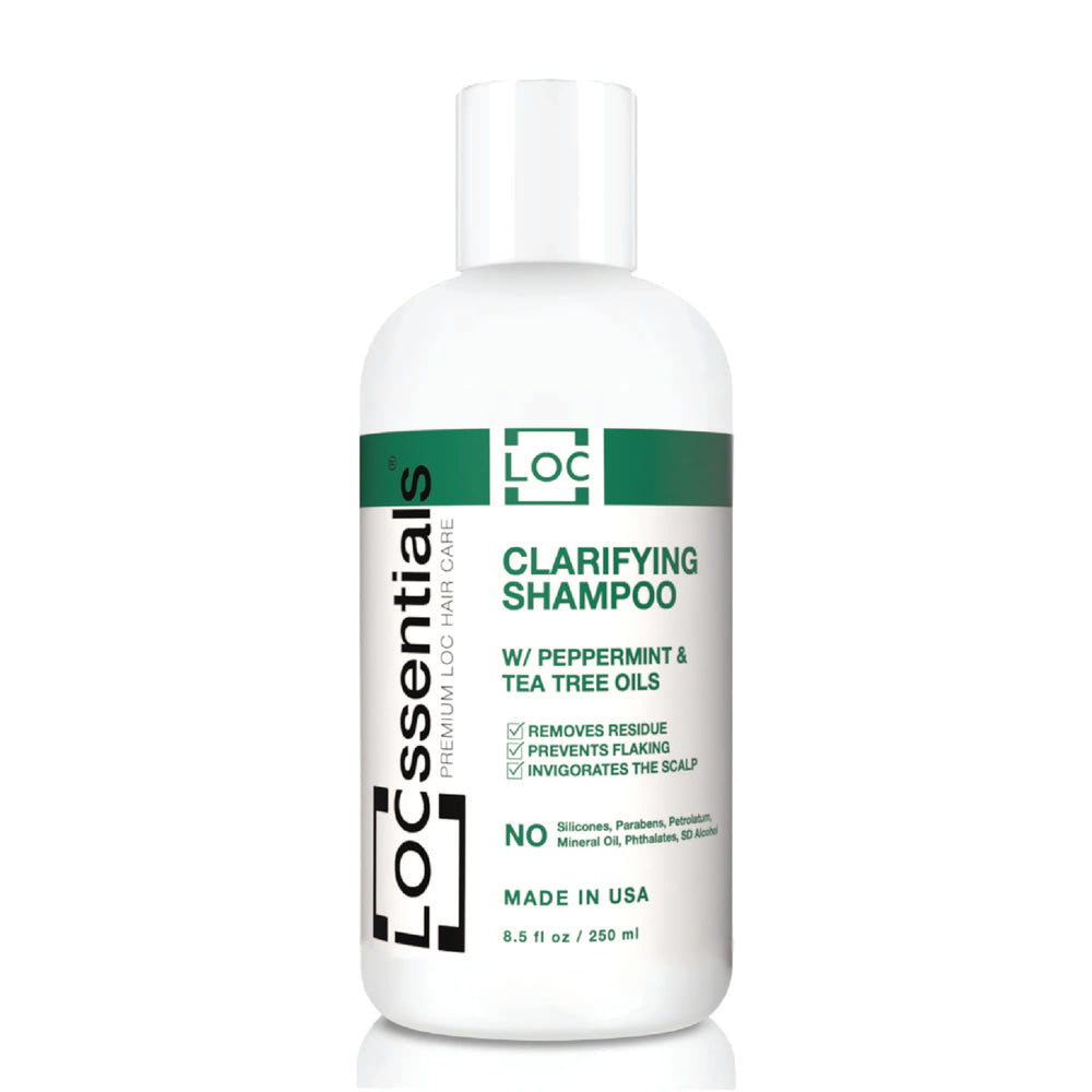 LOCssentials clarifying shampoo bottle with peppermint and tea tree oils for a refreshing cleanse.