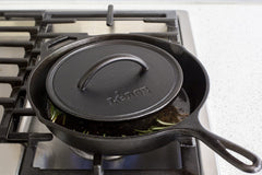 Lodge pre-seasoned round cast iron press on stovetop delivers even sear and grease control.