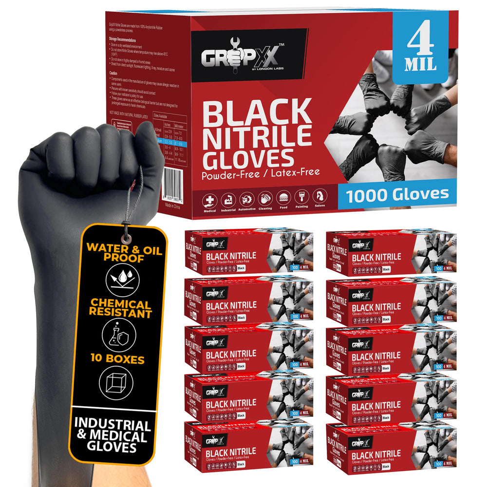 London Labs black nitrile gloves packaging, bulk-ready for warehouses