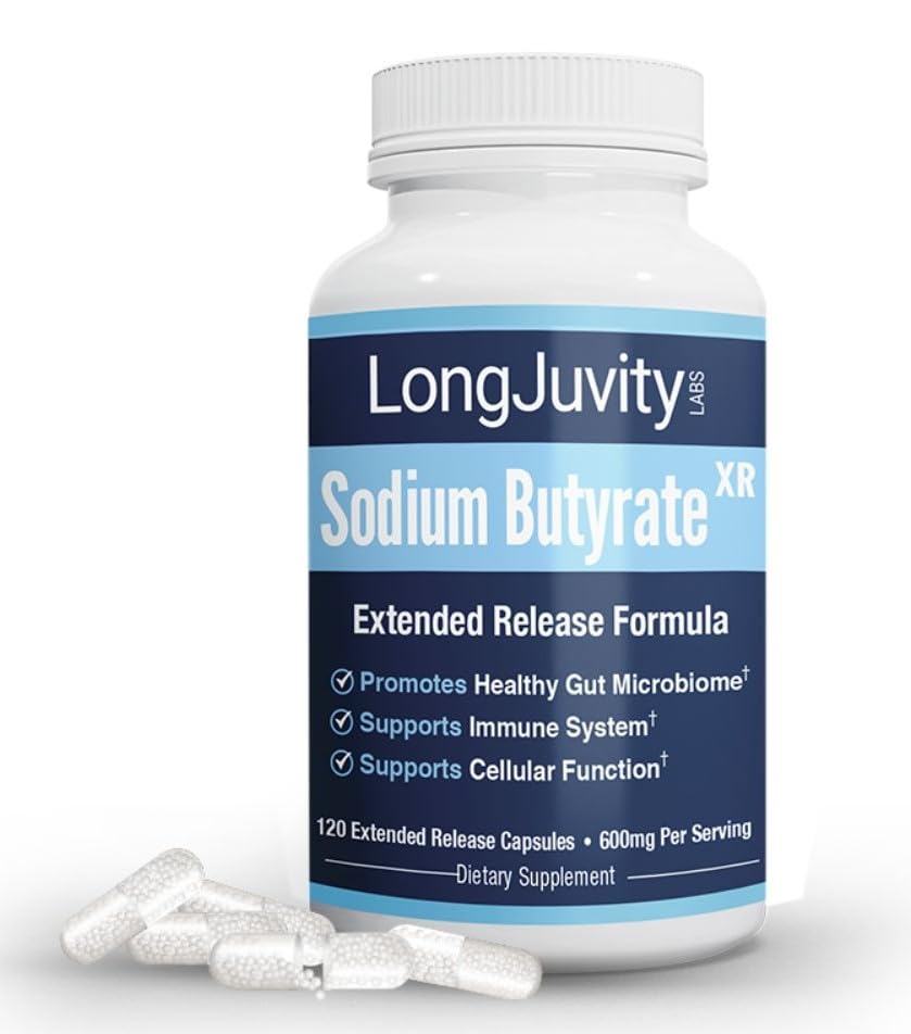 LongJuvity Sodium Butyrate extended-release capsules provide gut support.