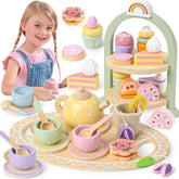 Lonico wooden tea party set with dessert rack for imaginative play and organization