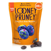 Looney Pruney pitted prunes bag shows resealable packaging for on-the-go snacking.