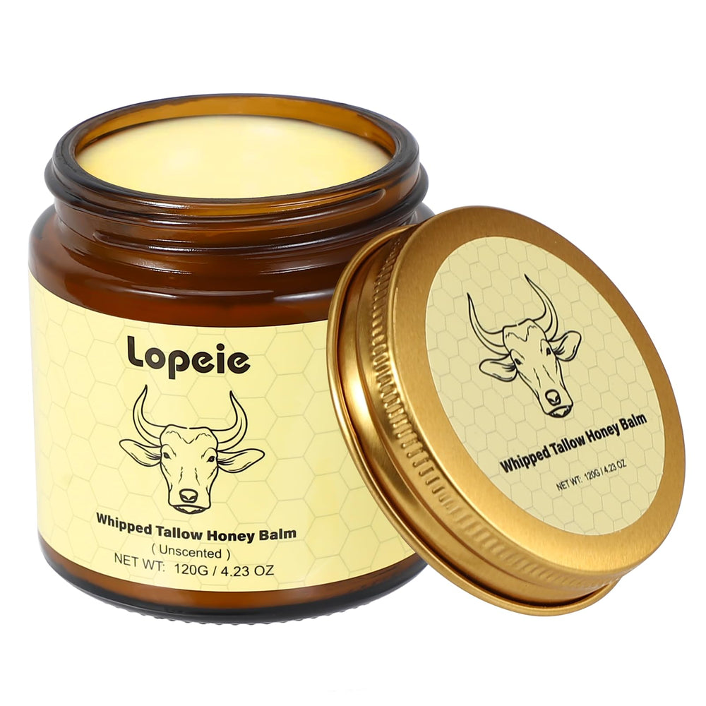Lopeie beef tallow jar close-up showing nourishing formula for dry skin.
