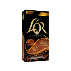 L'OR caramel espresso being poured to reveal a rich, balanced cup.