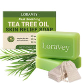 Loravey Antifungal Relief Soap Bar packaging highlights a Tea Tree blend for daily skin care.