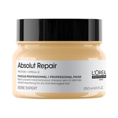 L'Oréal Professionnel Paris Absolut Repair Mask bottle close-up shows lightweight repair and shine