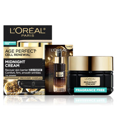L'Oreal Paris Age Perfect Midnight Cream jar shows fragrance-free night treatment for mature skin