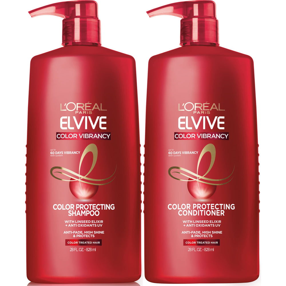 L'Oreal Paris Elvive Color Vibrancy shampoo bottle demonstrates color protection with radiant shine