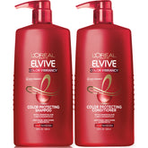 L'Oreal Paris Elvive Color Vibrancy shampoo bottle demonstrates color protection with radiant shine