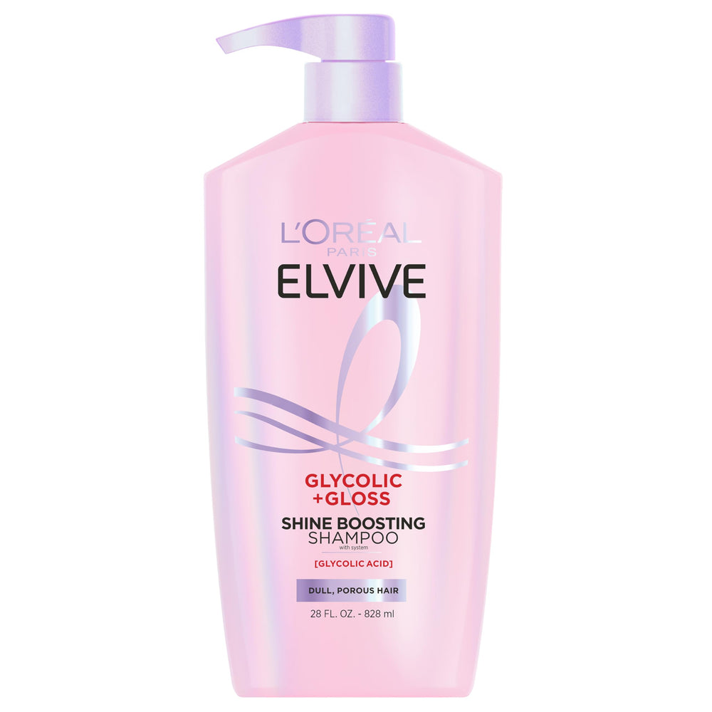 L'Oreal Paris Elvive Glycolic + Gloss shampoo bottle showing luminous shine.