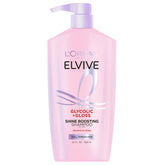 L'Oreal Paris Elvive Glycolic + Gloss shampoo bottle showing luminous shine.